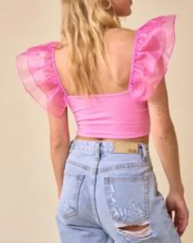 Organza Ruffle Sleeve Crop Top