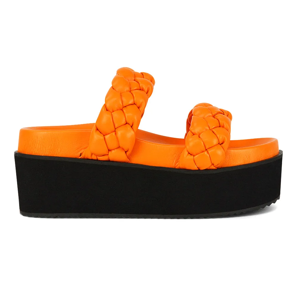 Regina Woven Double Strap Flatform Slip On Sandals in Black Synthetic Leather