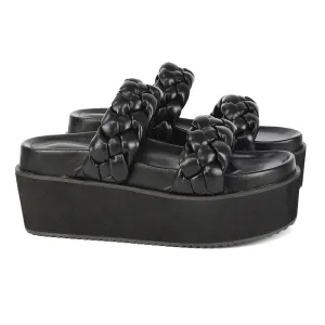Regina Woven Double Strap Flatform Slip On Sandals in Black Synthetic Leather