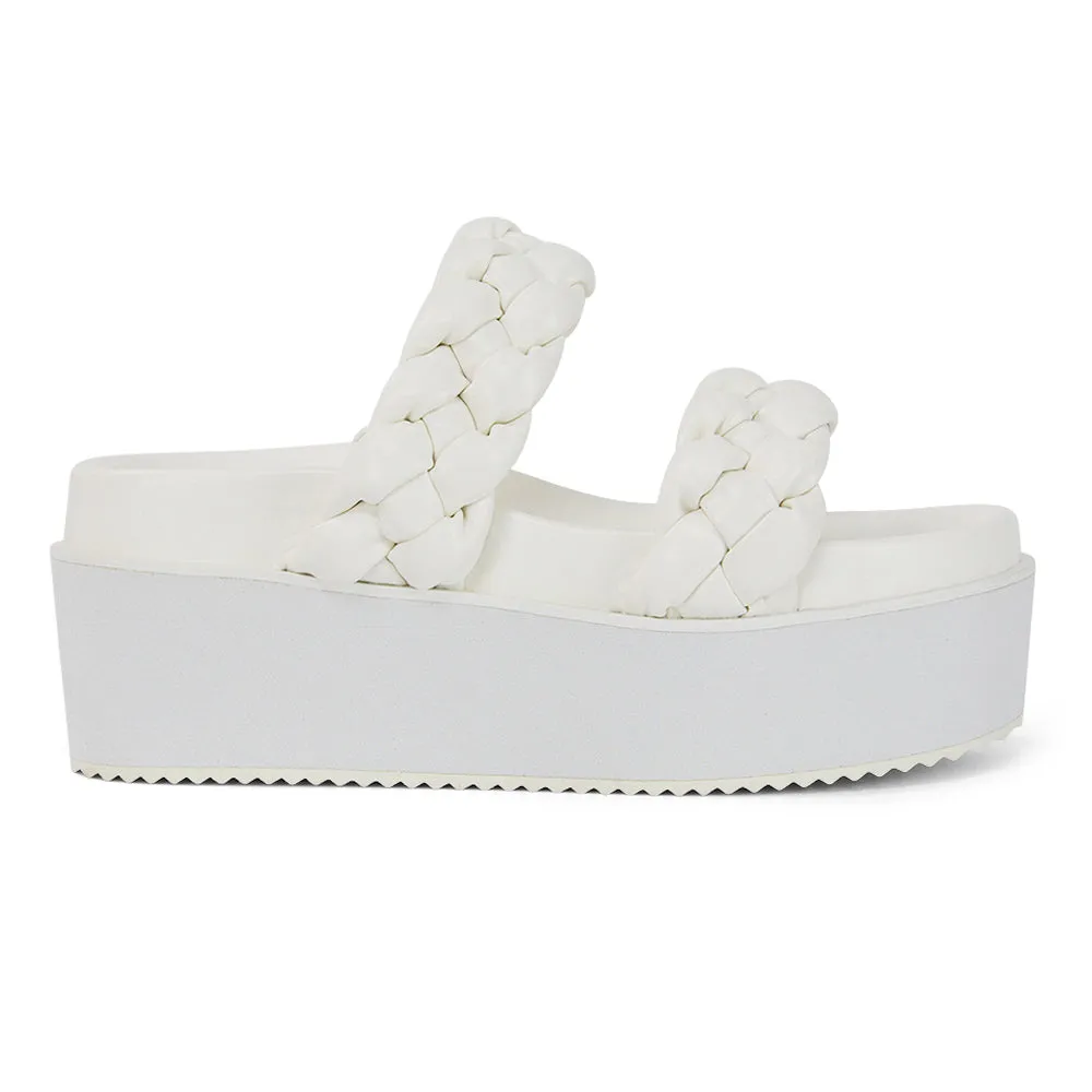 Regina Woven Double Strap Flatform Slip On Sandals in Black Synthetic Leather