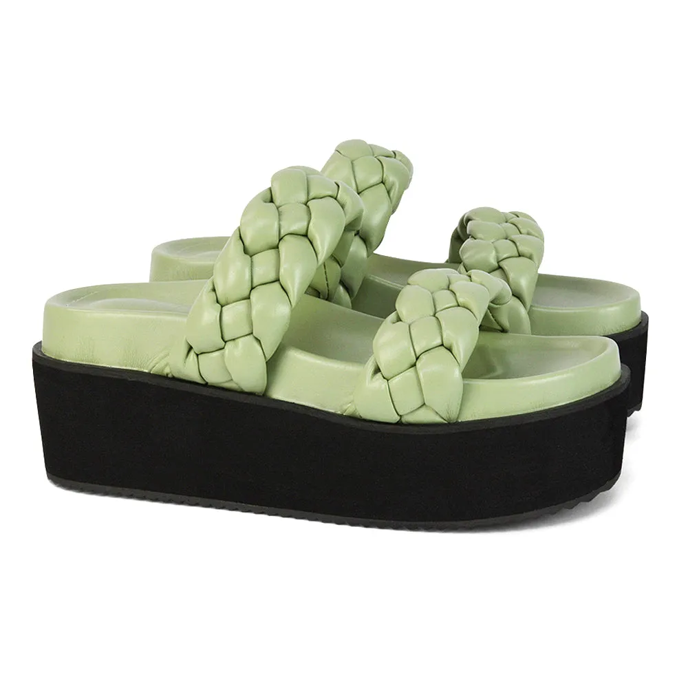 Regina Woven Double Strap Flatform Slip On Sandals in Black Synthetic Leather