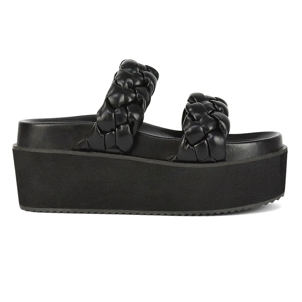 Regina Woven Double Strap Flatform Slip On Sandals in Black Synthetic Leather