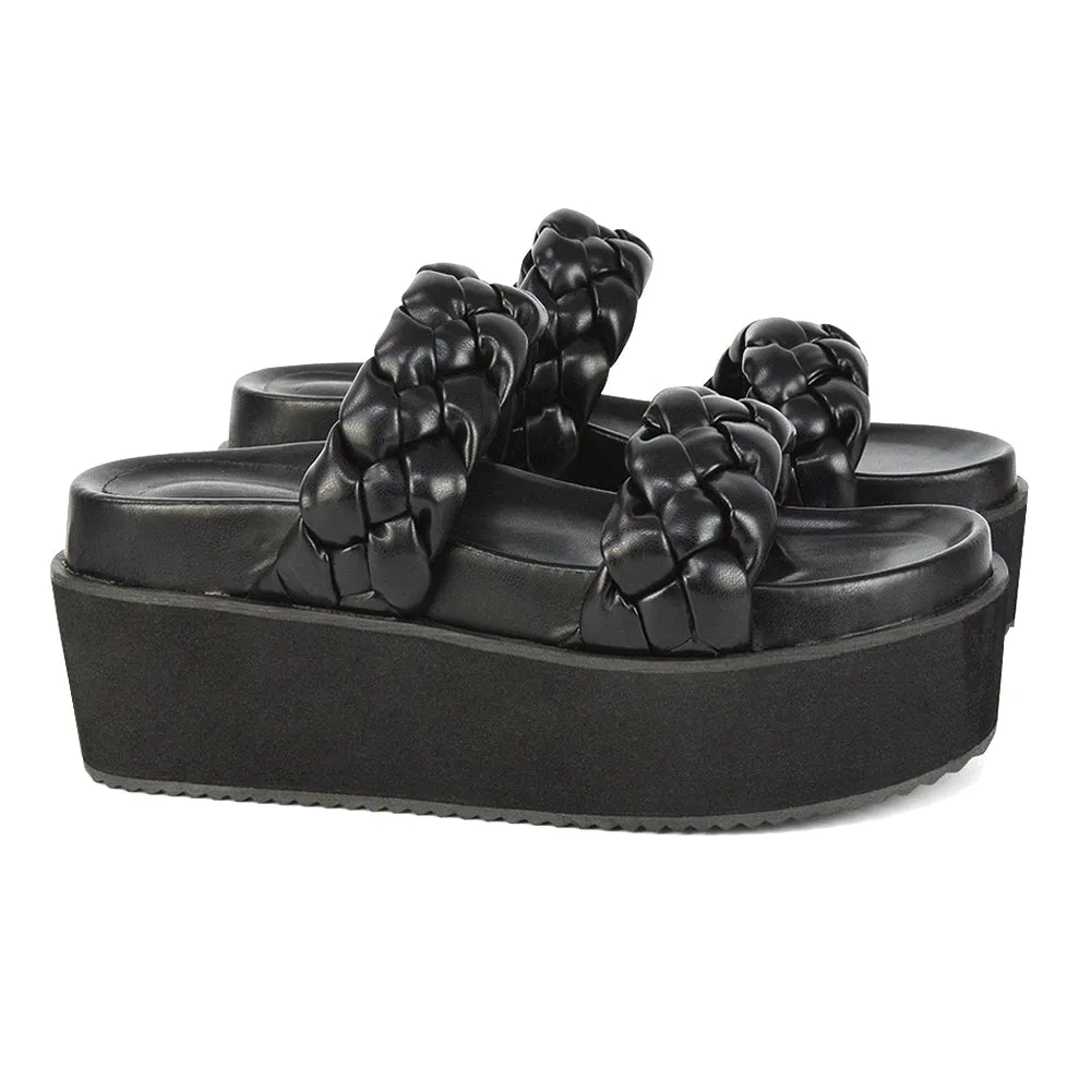 Regina Woven Double Strap Flatform Slip On Sandals in Black Synthetic Leather
