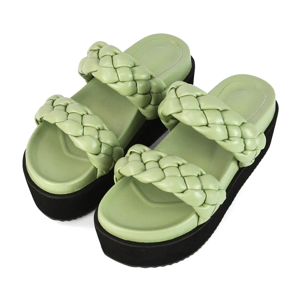 Regina Woven Double Strap Flatform Slip On Sandals in Black Synthetic Leather
