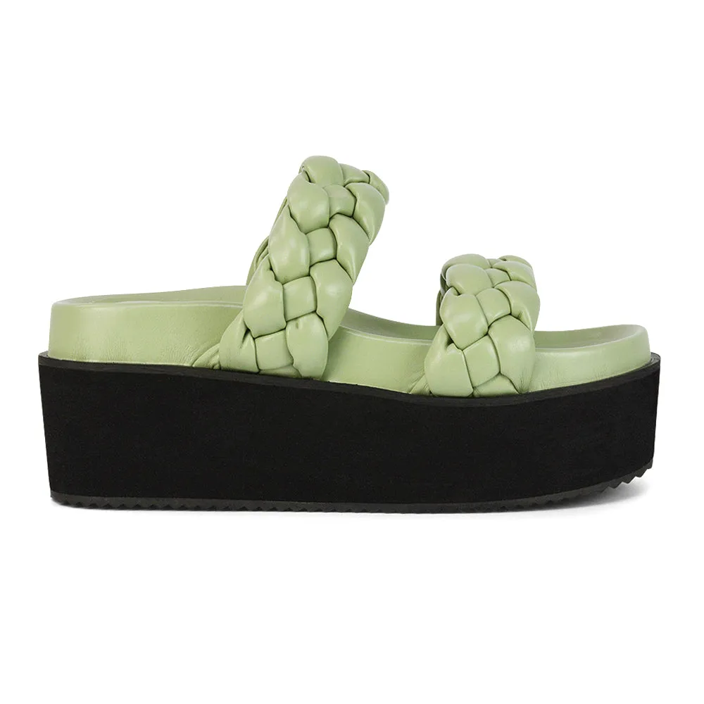 Regina Woven Double Strap Flatform Slip On Sandals in Black Synthetic Leather