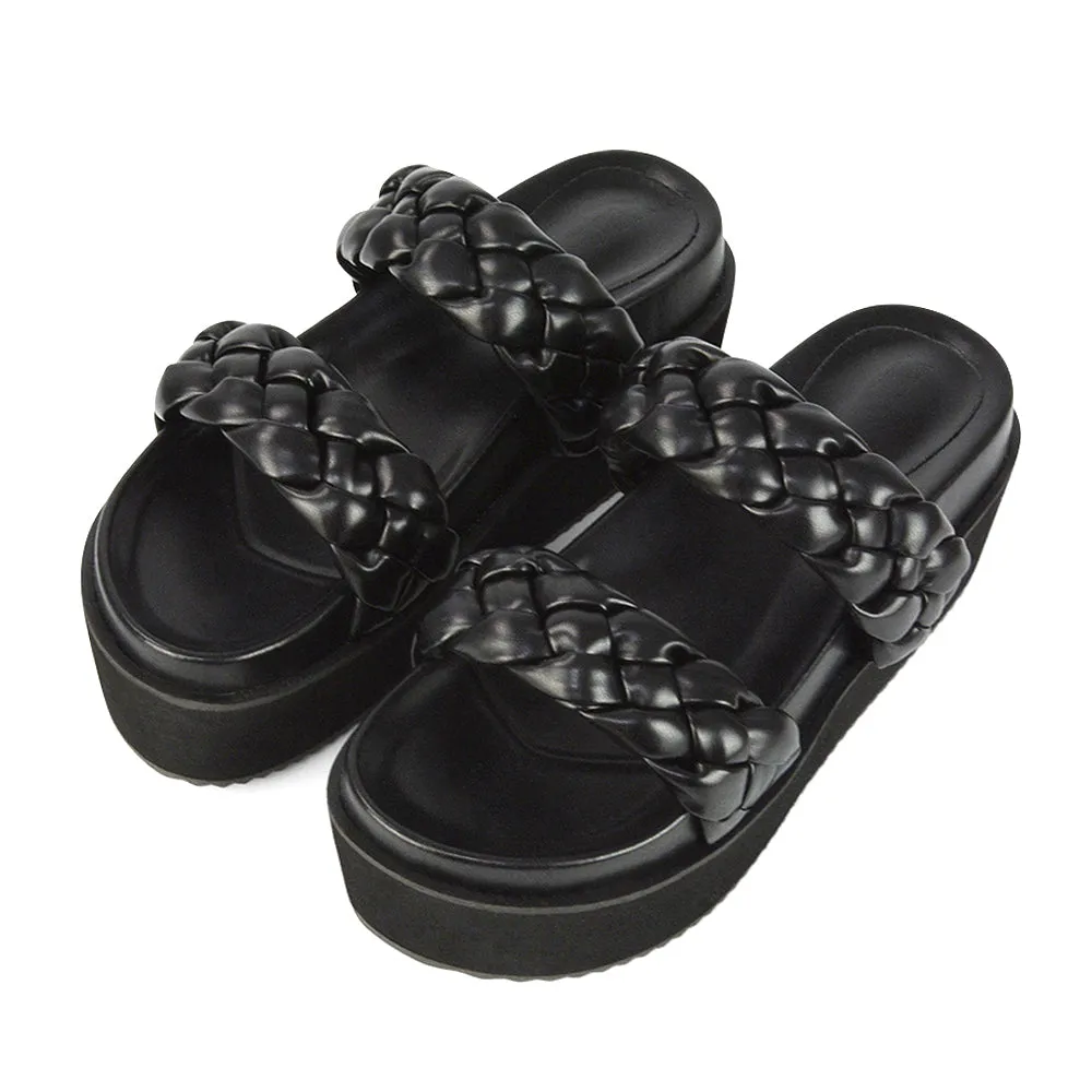 Regina Woven Double Strap Flatform Slip On Sandals in Black Synthetic Leather