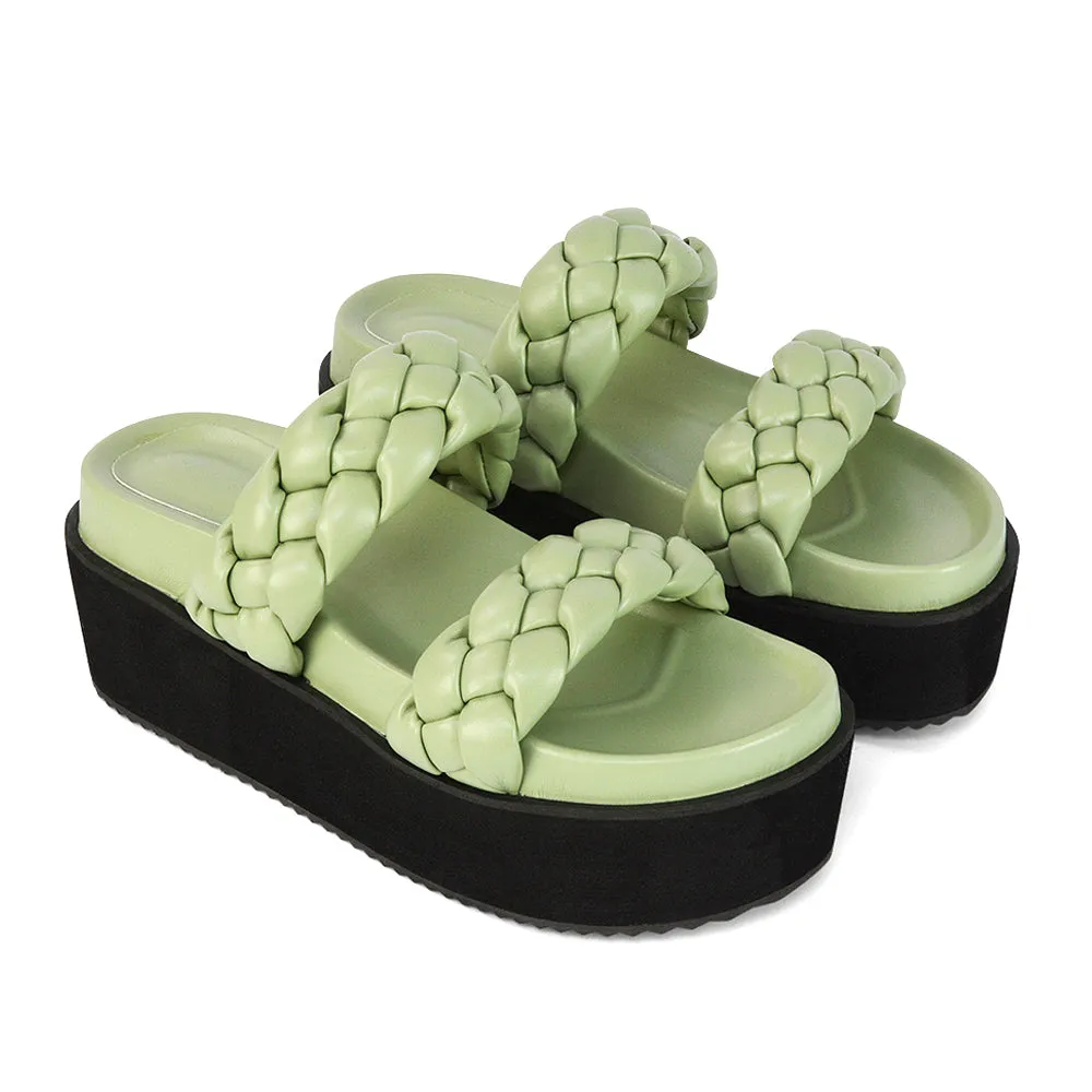 Regina Woven Double Strap Flatform Slip On Sandals in Black Synthetic Leather