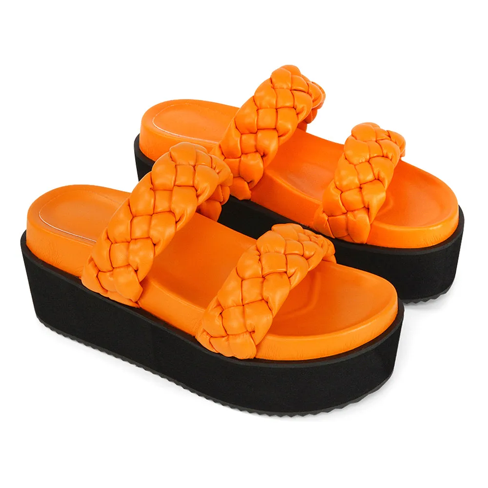 Regina Woven Double Strap Flatform Slip On Sandals in Black Synthetic Leather