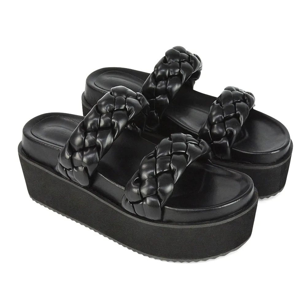 Regina Woven Double Strap Flatform Slip On Sandals in Black Synthetic Leather