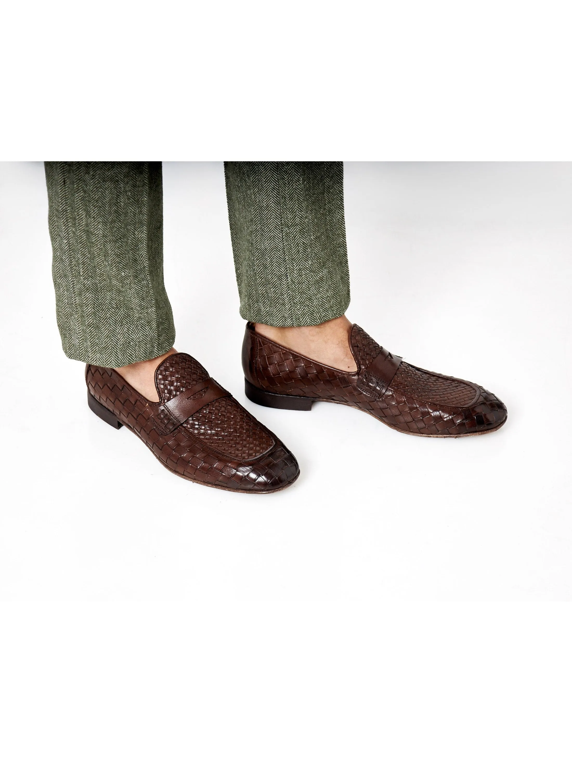 ROME 05 – BROWN ITALIAN CALF LEATHER WOVEN PENNY LOAFER