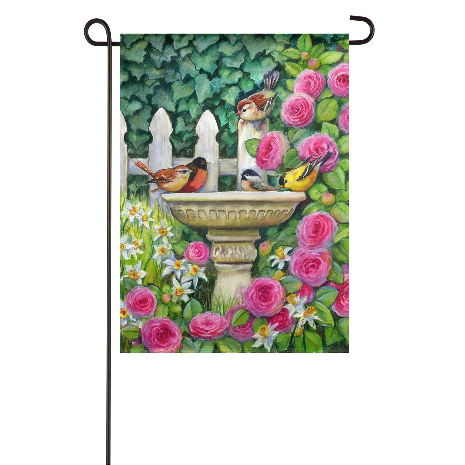 Spring Birdbath Gathering Garden Suede Flag,14s9571