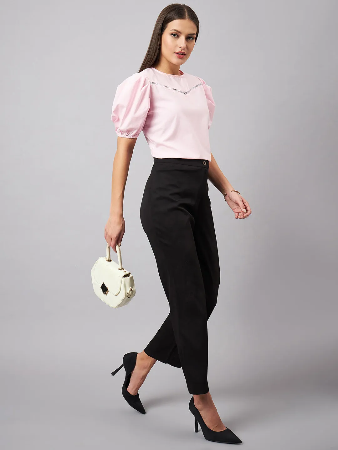 Style Quotient women Pink Round Neck Puff Sleeves Smart Top