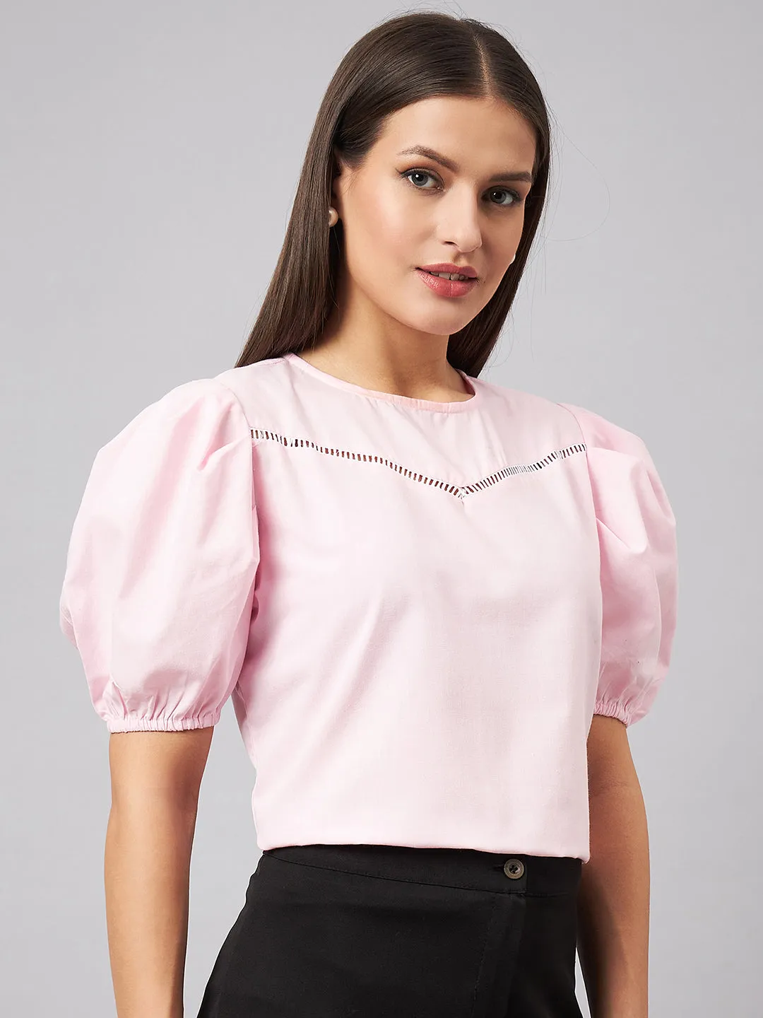 Style Quotient women Pink Round Neck Puff Sleeves Smart Top