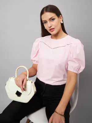 Style Quotient women Pink Round Neck Puff Sleeves Smart Top