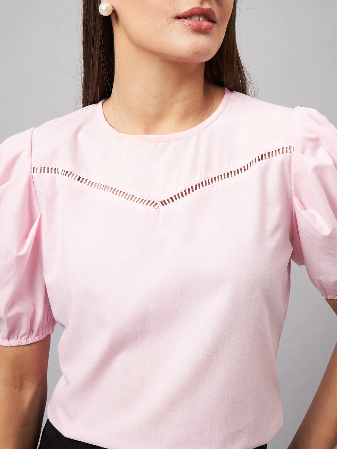 Style Quotient women Pink Round Neck Puff Sleeves Smart Top