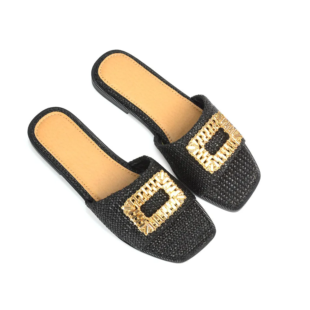 Trina Flat Sandal Square Toe Woven Diamante Buckle Sliders in Black