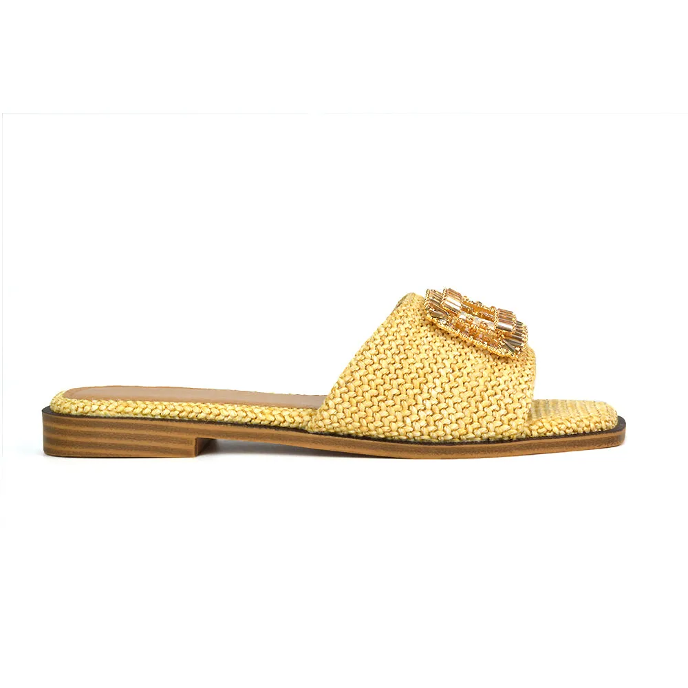 Trina Flat Sandal Square Toe Woven Diamante Buckle Sliders in Black