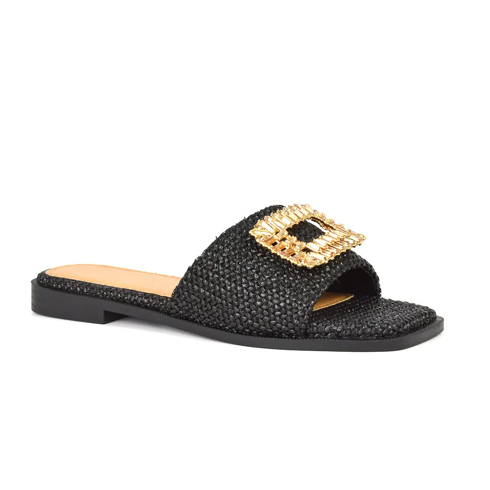 Trina Flat Sandal Square Toe Woven Diamante Buckle Sliders in Black