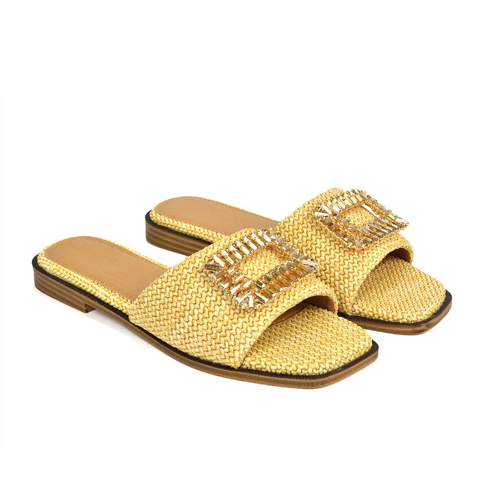 Trina Flat Sandal Square Toe Woven Diamante Buckle Sliders in Black
