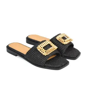 Trina Flat Sandal Square Toe Woven Diamante Buckle Sliders in Black