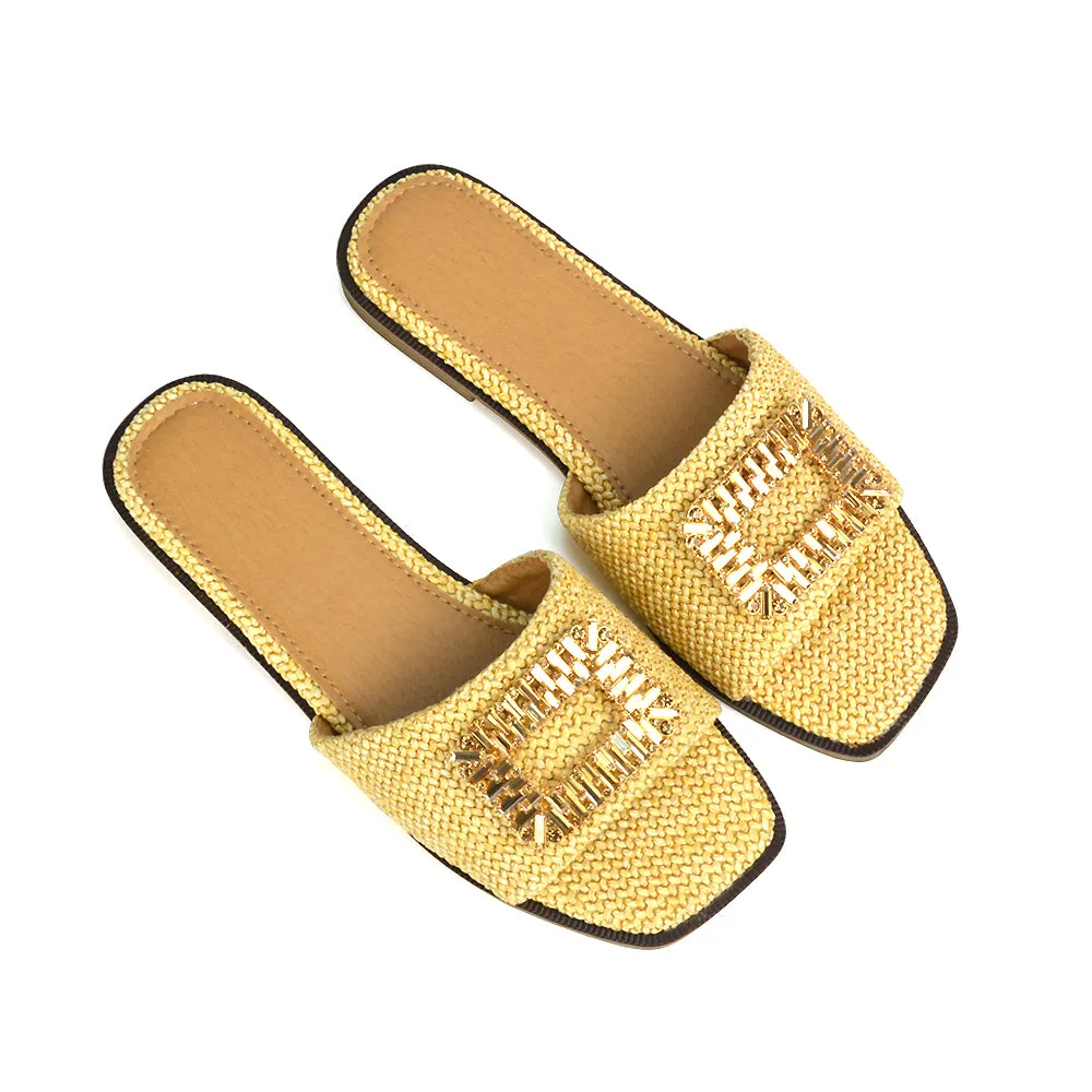 Trina Flat Sandal Square Toe Woven Diamante Buckle Sliders in Black