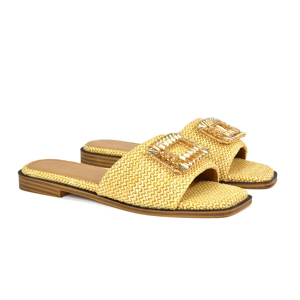 Trina Flat Sandal Square Toe Woven Diamante Buckle Sliders in Black