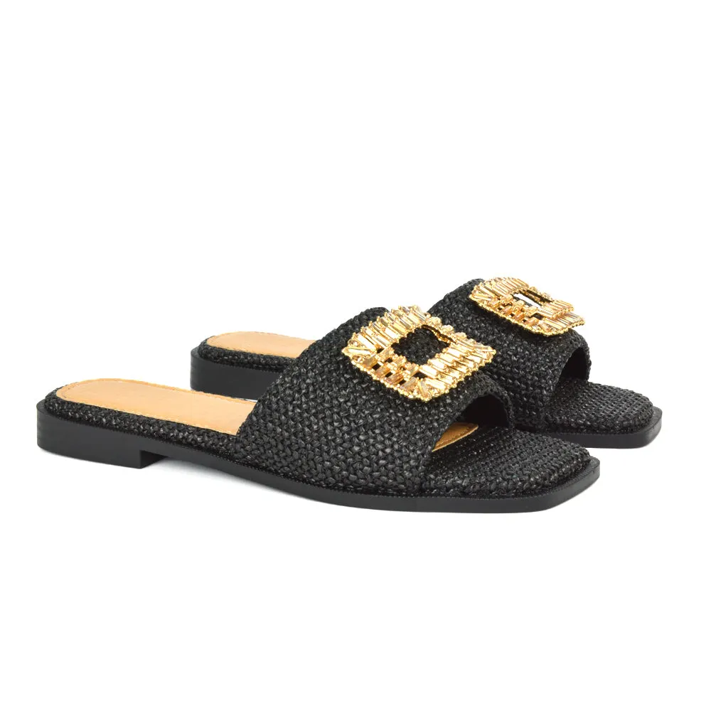 Trina Flat Sandal Square Toe Woven Diamante Buckle Sliders in Black