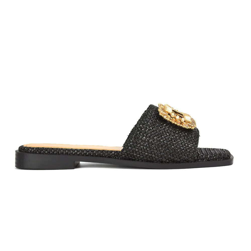 Trina Flat Sandal Square Toe Woven Diamante Buckle Sliders in Black