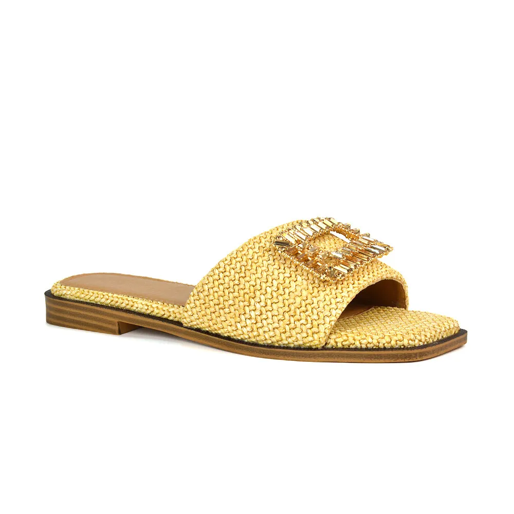 Trina Flat Sandal Square Toe Woven Diamante Buckle Sliders in Black