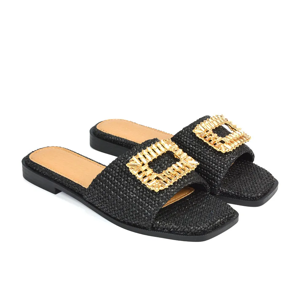 Trina Flat Sandal Square Toe Woven Diamante Buckle Sliders in Black