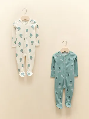 V-neck Long Sleeve Printed Organic Cotton Baby Girl Jumpsuit 2-pack