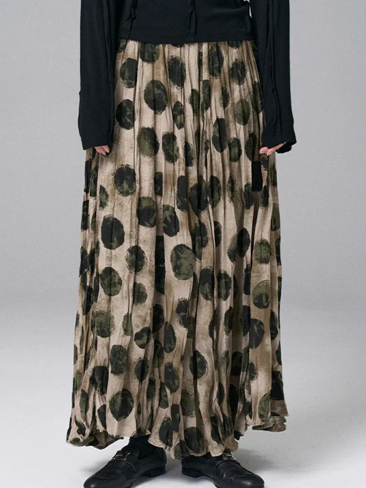 Vintage-Inspired Pleated Maxi Skirt – Earthy Tones, Abstract Polka Dots, High-Waist