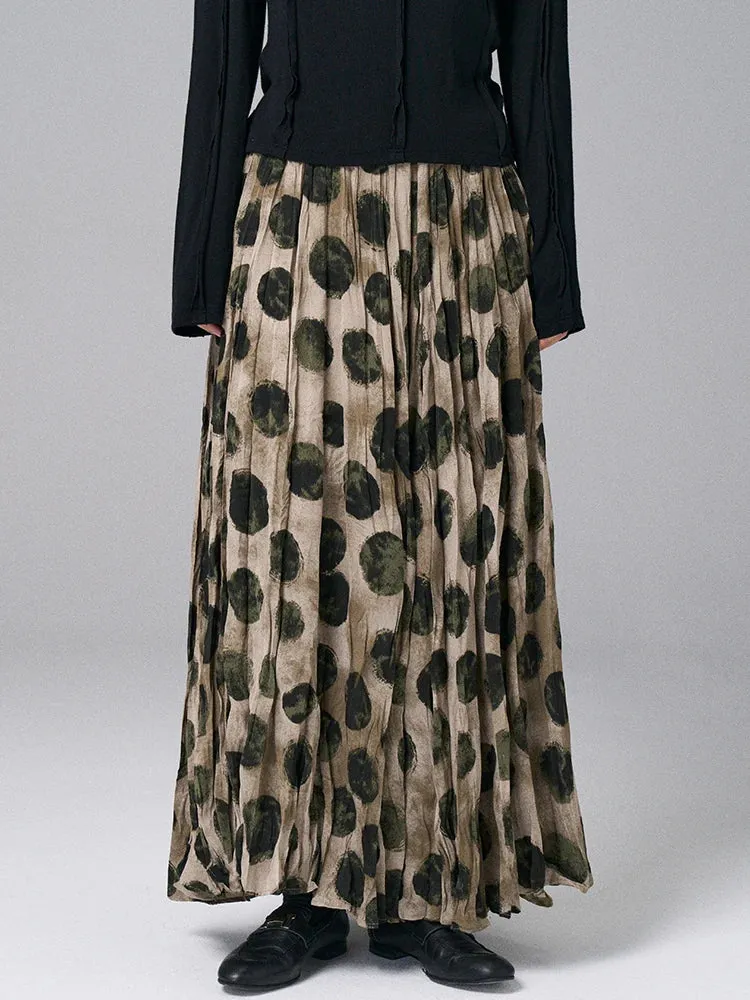 Vintage-Inspired Pleated Maxi Skirt – Earthy Tones, Abstract Polka Dots, High-Waist