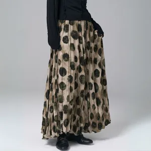 Vintage-Inspired Pleated Maxi Skirt – Earthy Tones, Abstract Polka Dots, High-Waist