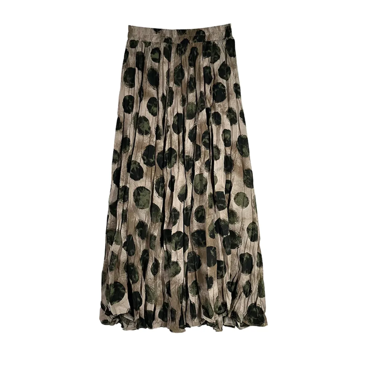 Vintage-Inspired Pleated Maxi Skirt – Earthy Tones, Abstract Polka Dots, High-Waist